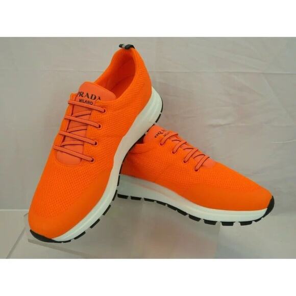 PRADA 4E3499 NEON ORANGE SPORT MESH BLACK LOGO LACE LOW TOP SNEAKERS 9 / US 10 - Picture 3 of 11